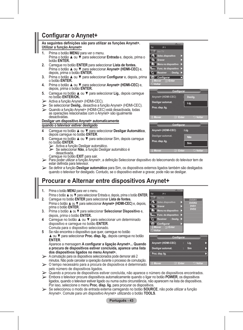 Configurar o anynet, Procurar e alternar entre dispositivos anynet | Samsung BN68-01416A-00 User Manual | Page 361 / 425