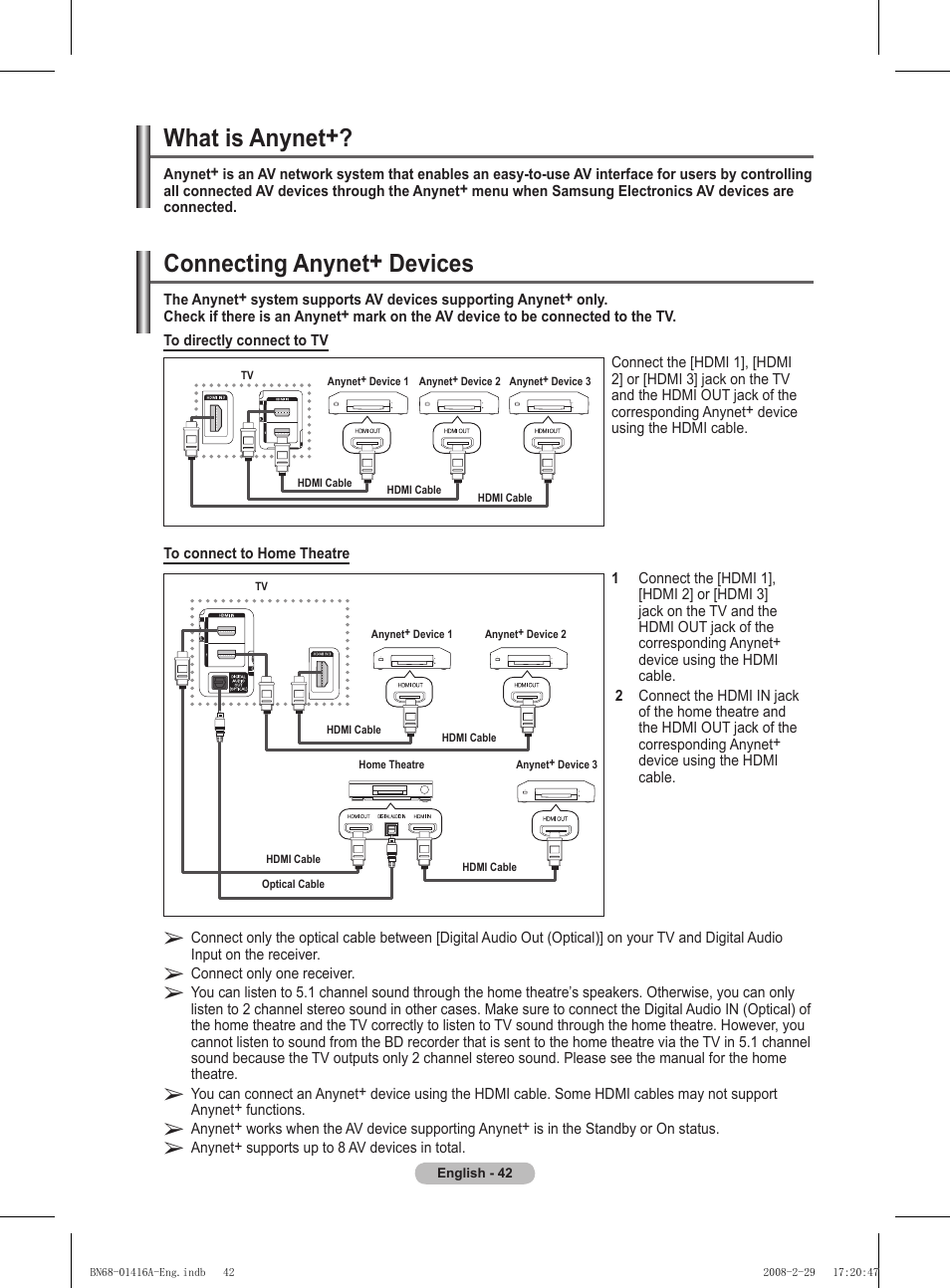 What is anynet, Connecting anynet+ devices | Samsung BN68-01416A-00 User Manual | Page 42 / 425