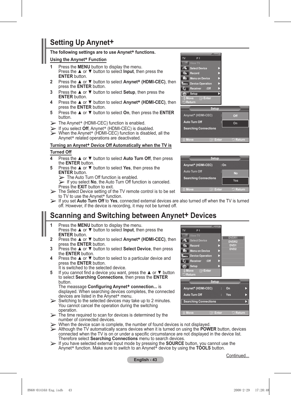 Setting up anynet, Scanning and switching between anynet+ devices | Samsung BN68-01416A-00 User Manual | Page 43 / 425