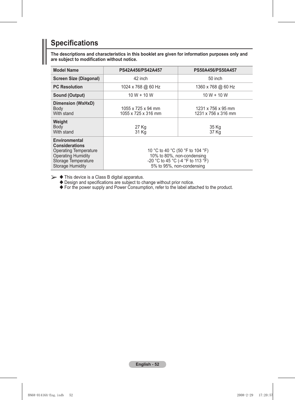 Specifications | Samsung BN68-01416A-00 User Manual | Page 52 / 425