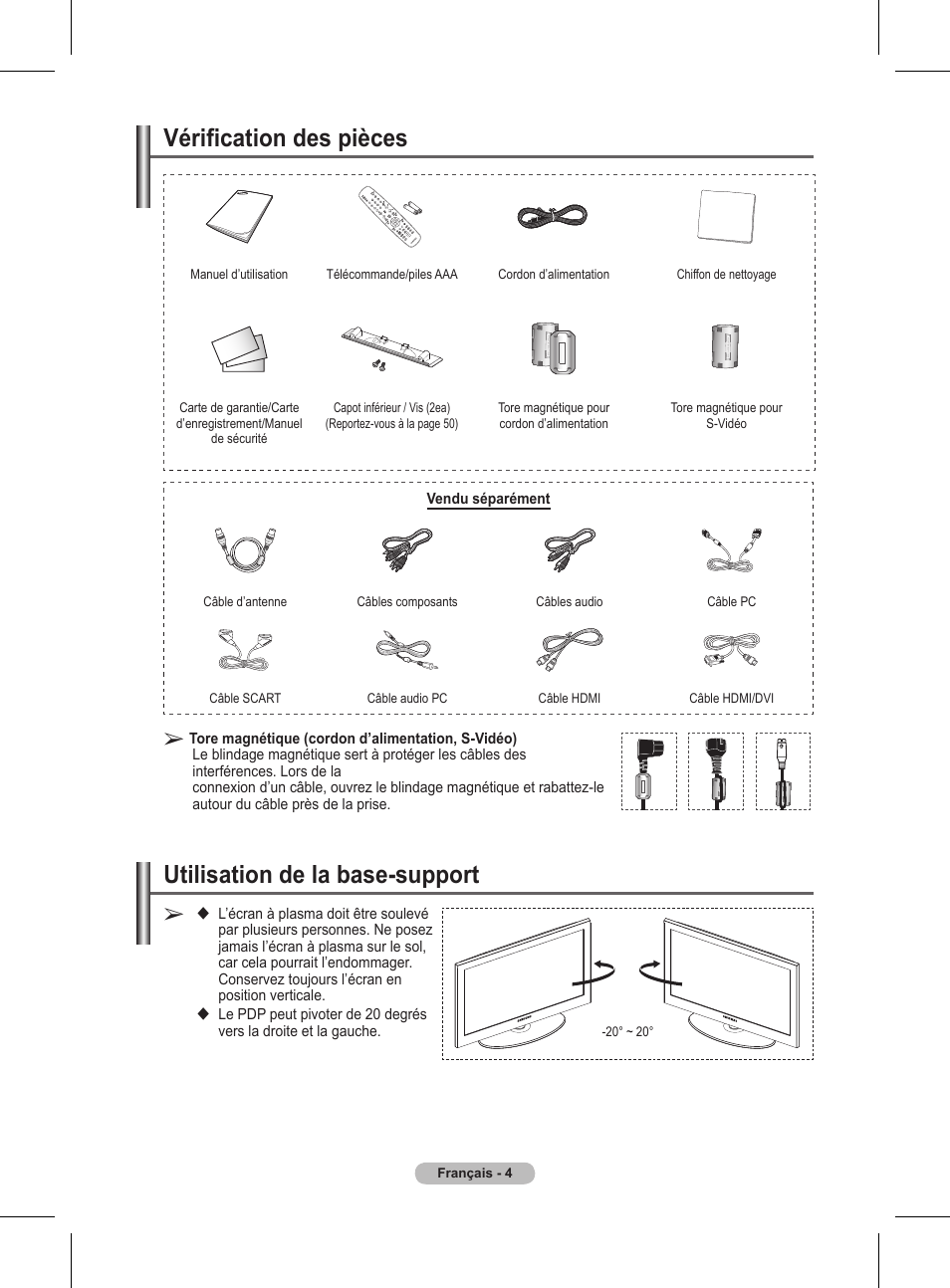 Vérification des pièces, Utilisation de la base-support | Samsung BN68-01416A-00 User Manual | Page 57 / 425