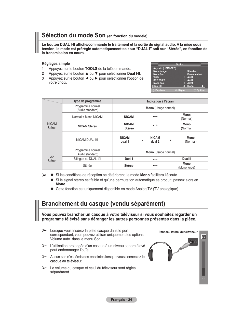 Sélection du mode son, Branchement du casque (vendu séparément) | Samsung BN68-01416A-00 User Manual | Page 77 / 425