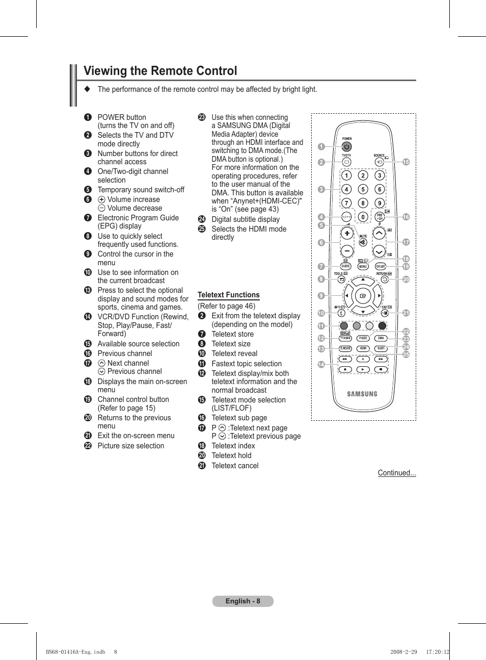Viewing the remote control | Samsung BN68-01416A-00 User Manual | Page 8 / 425