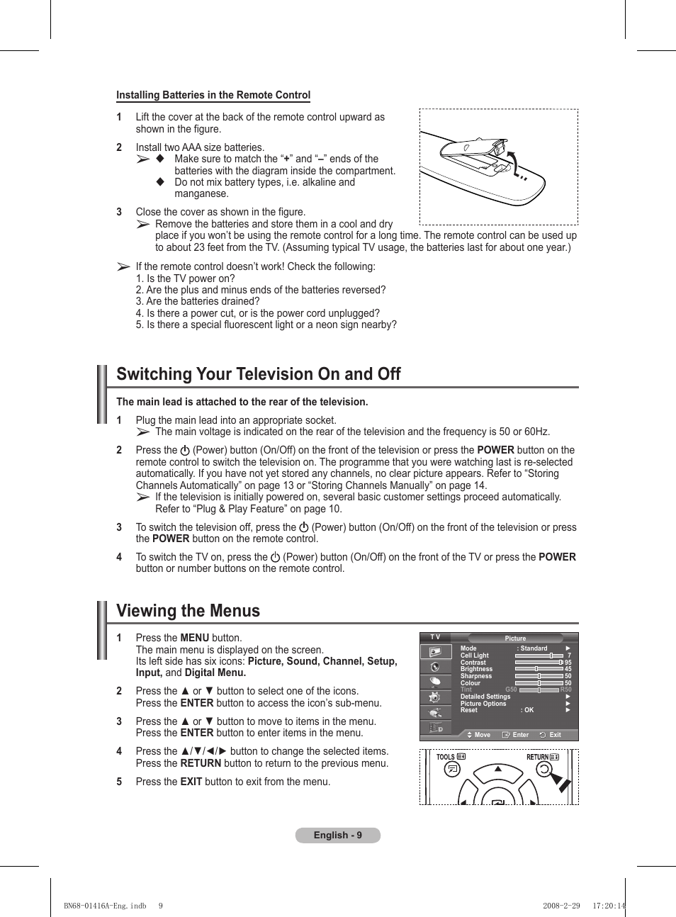 Switching your television on and of, Viewing the menus, Switching your television on and off | Samsung BN68-01416A-00 User Manual | Page 9 / 425