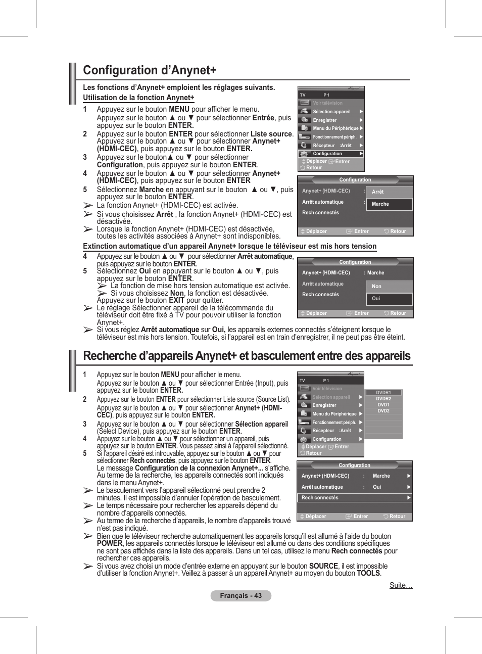 Configuration d’anynet | Samsung BN68-01416A-00 User Manual | Page 96 / 425