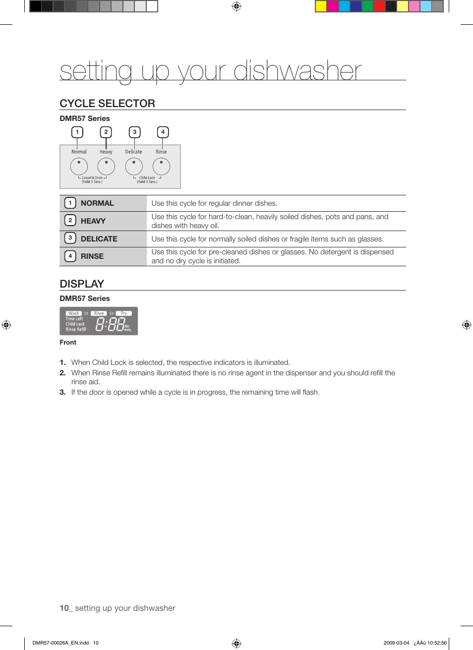 Setting up your dishwasher, Cycle selector, Display | Samsung DMR57LHS User Manual | Page 10 / 30