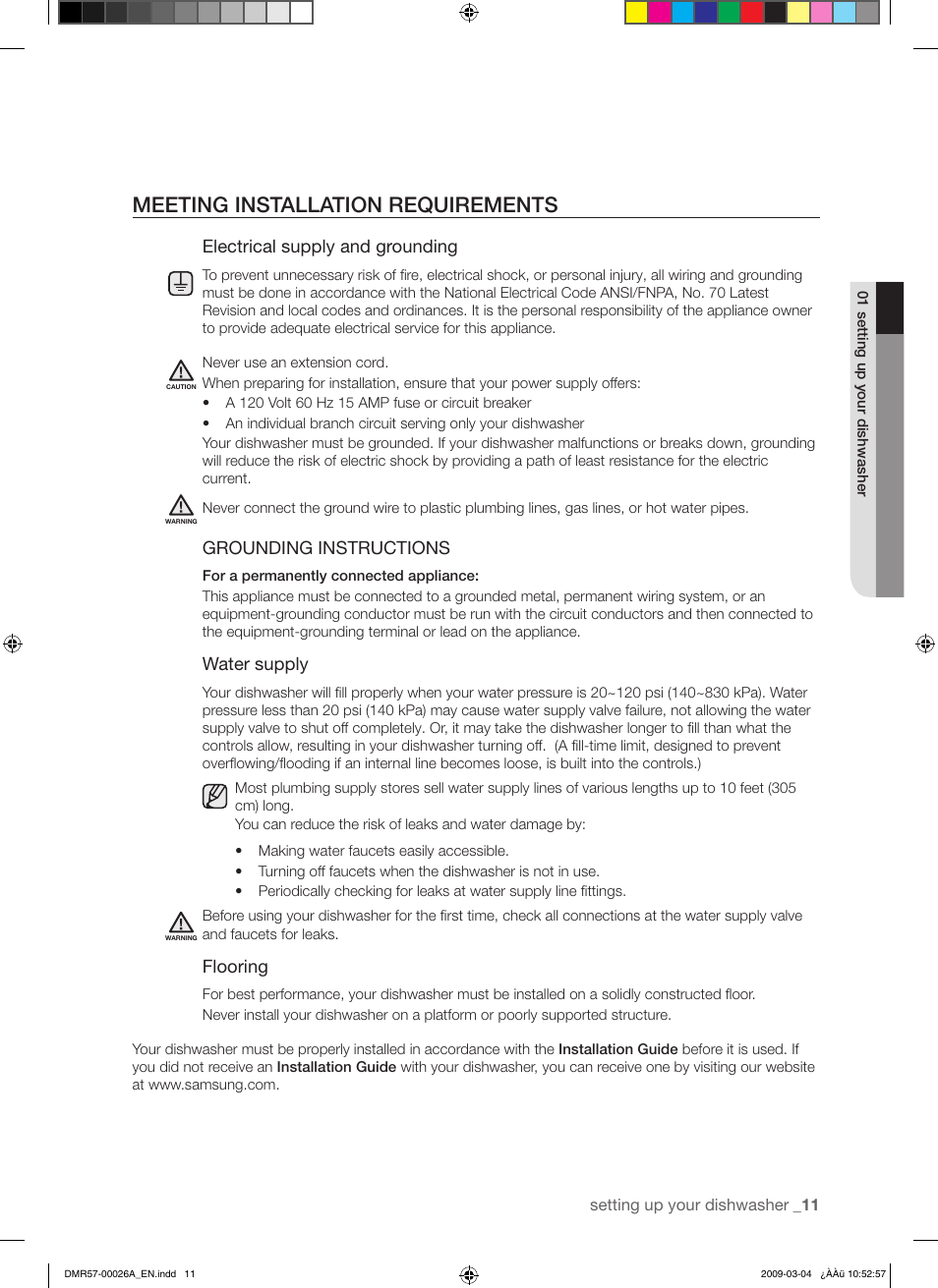 Meeting installation requirements, Electrical supply and grounding, Grounding instructions | Water supply, Flooring | Samsung DMR57LHS User Manual | Page 11 / 30