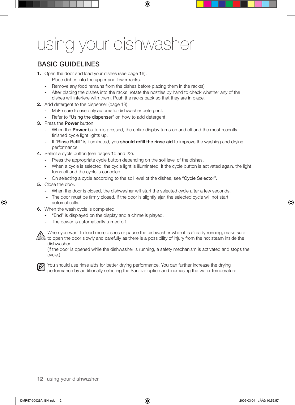 Using your dishwasher, Basic guidelines | Samsung DMR57LHS User Manual | Page 12 / 30