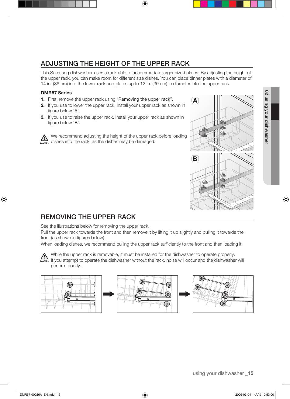 Adjusting the height of the upper rack, Removing the upper rack | Samsung DMR57LHS User Manual | Page 15 / 30