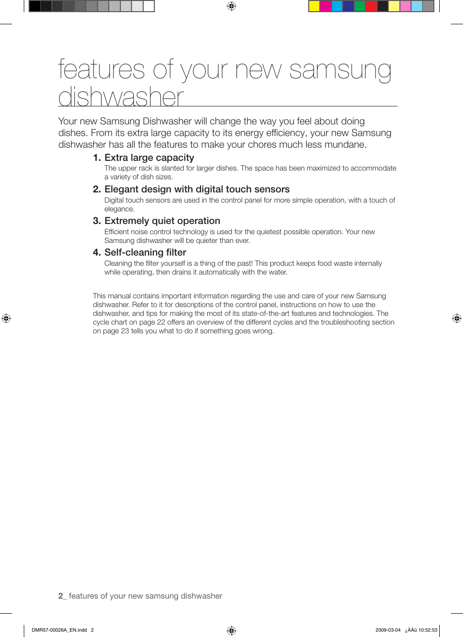 Features of your new samsung dishwasher | Samsung DMR57LHS User Manual | Page 2 / 30