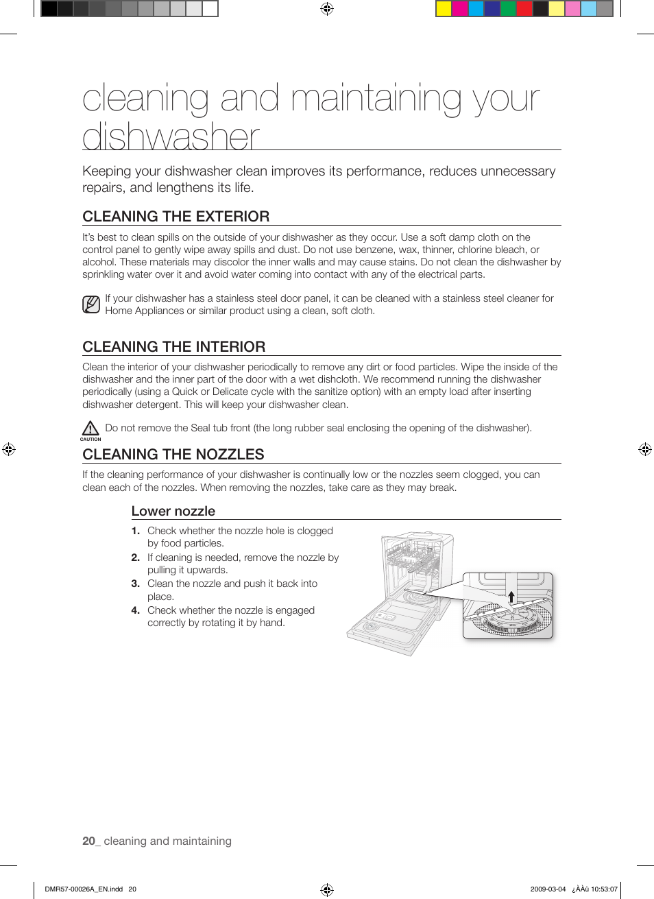 Cleaning and maintaining your dishwasher | Samsung DMR57LHS User Manual | Page 20 / 30