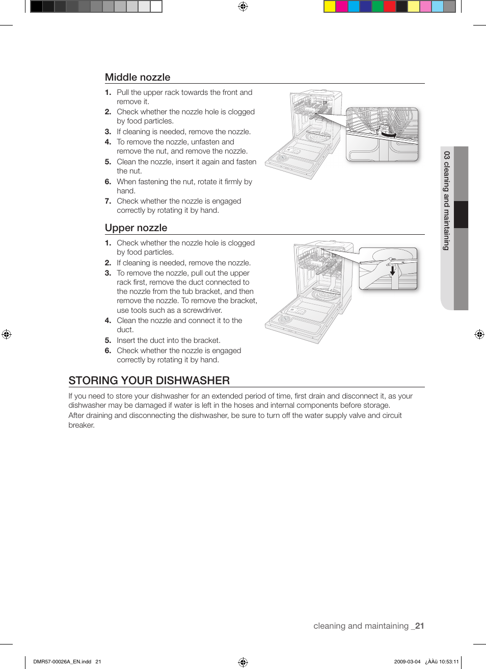 Storing your dishwasher, Middle nozzle, Upper nozzle | Samsung DMR57LHS User Manual | Page 21 / 30