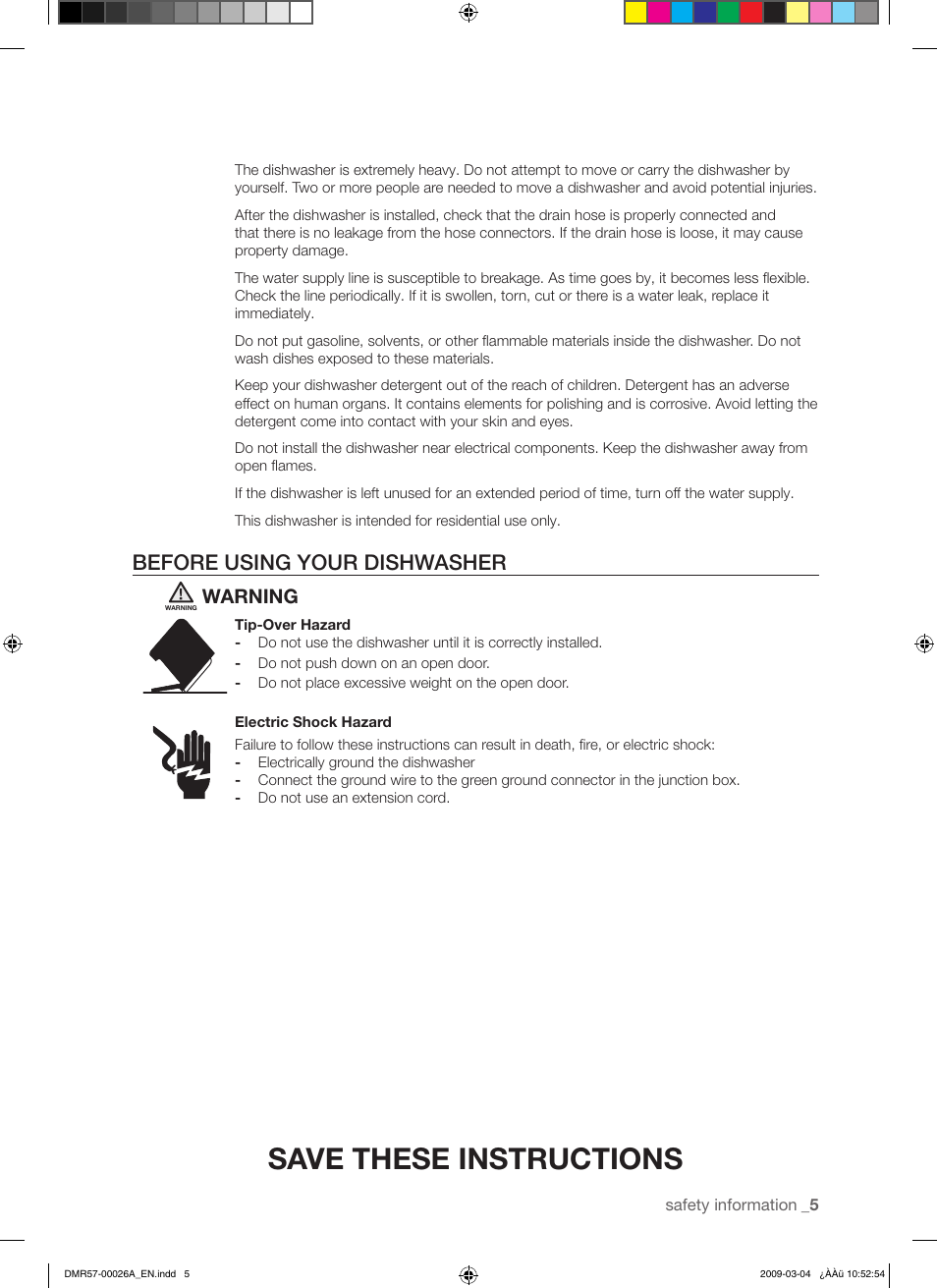 Save these instructions, Before using your dishwasher, Warning | Samsung DMR57LHS User Manual | Page 5 / 30