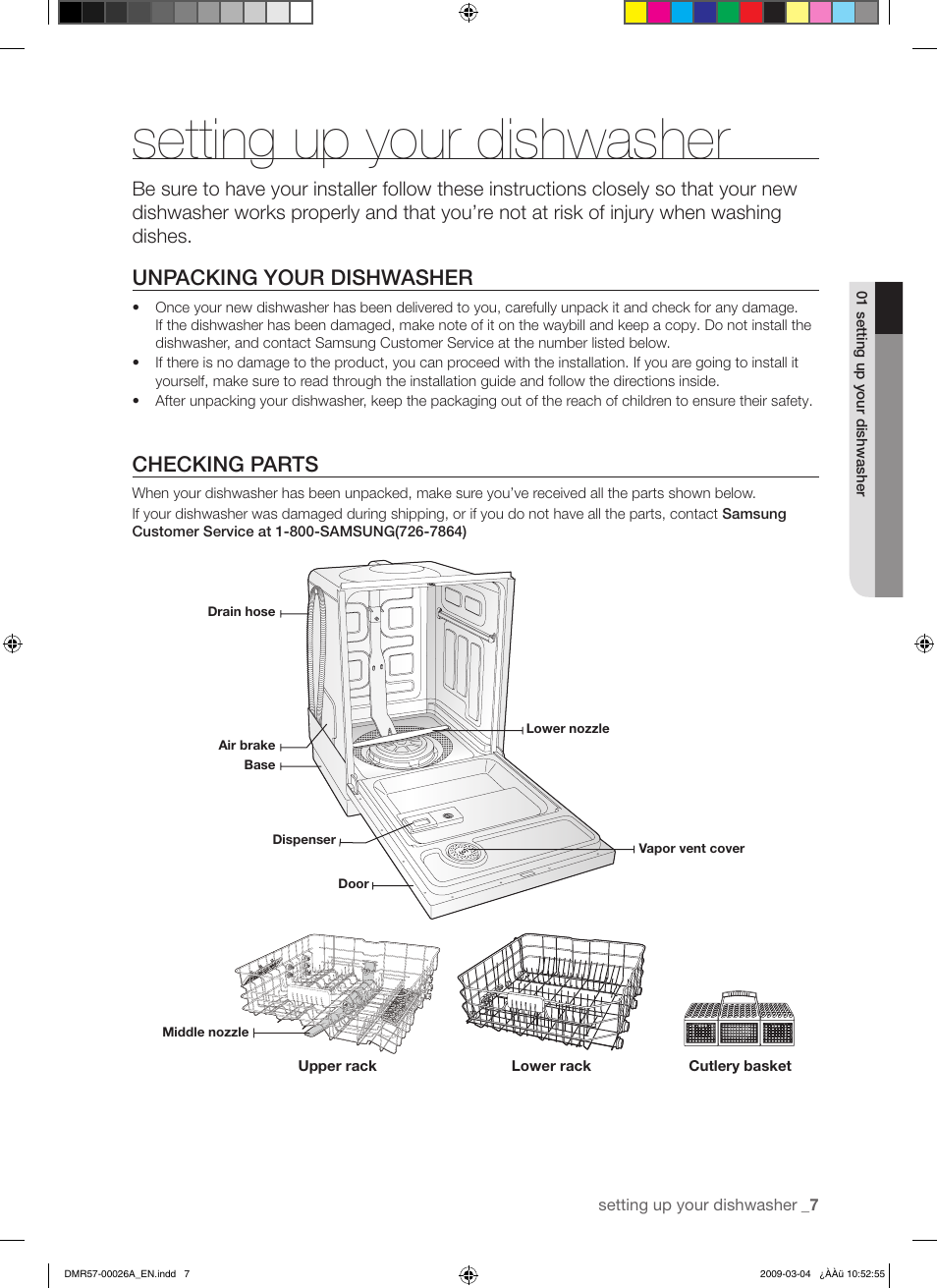 Setting up your dishwasher, Unpacking your dishwasher, Checking parts | Samsung DMR57LHS User Manual | Page 7 / 30