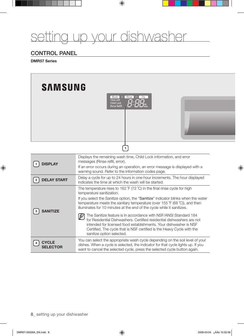 Setting up your dishwasher, Control panel | Samsung DMR57LHS User Manual | Page 8 / 30