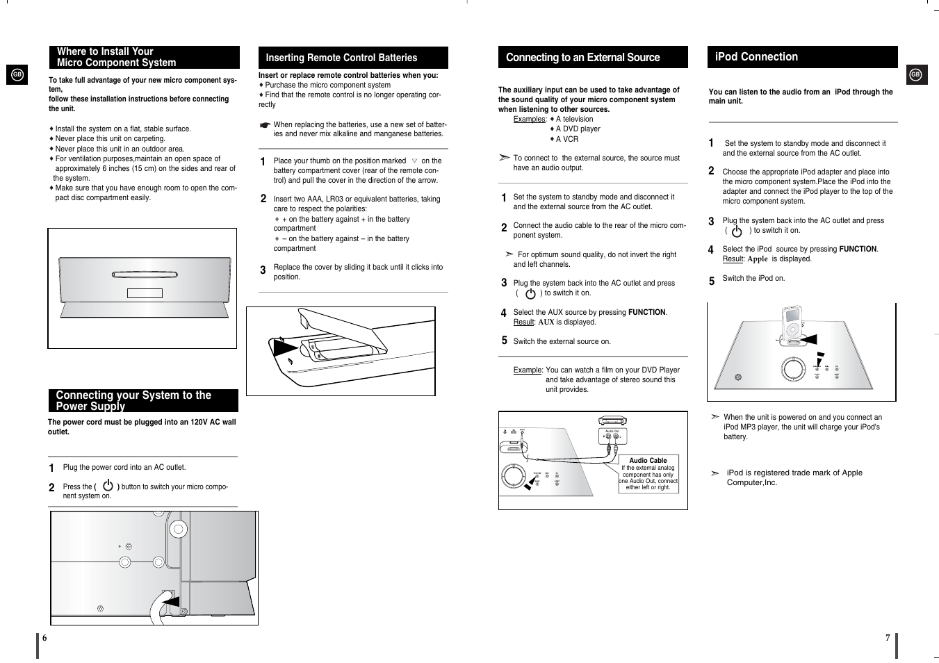 Where to install yourmicro component system, Connecting your system to thepower supply, Inserting remote control batteries | Connecting to an external source, Ipod connection | Samsung MM-X5 User Manual | Page 4 / 13