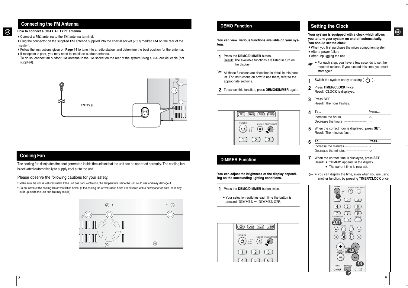 Connecting the fm antenna, Cooling fan, Demo function | Dimmer function, Setting the clock | Samsung MM-X5 User Manual | Page 5 / 13