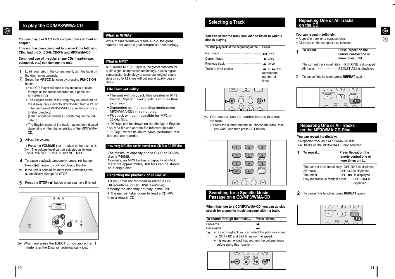 To play the cd/mp3/wma-cd, Selecting a track, Repeating one or all trackson the cd | Repeating one or all trackson the mp3/wma-cd disc | Samsung MM-X5 User Manual | Page 6 / 13