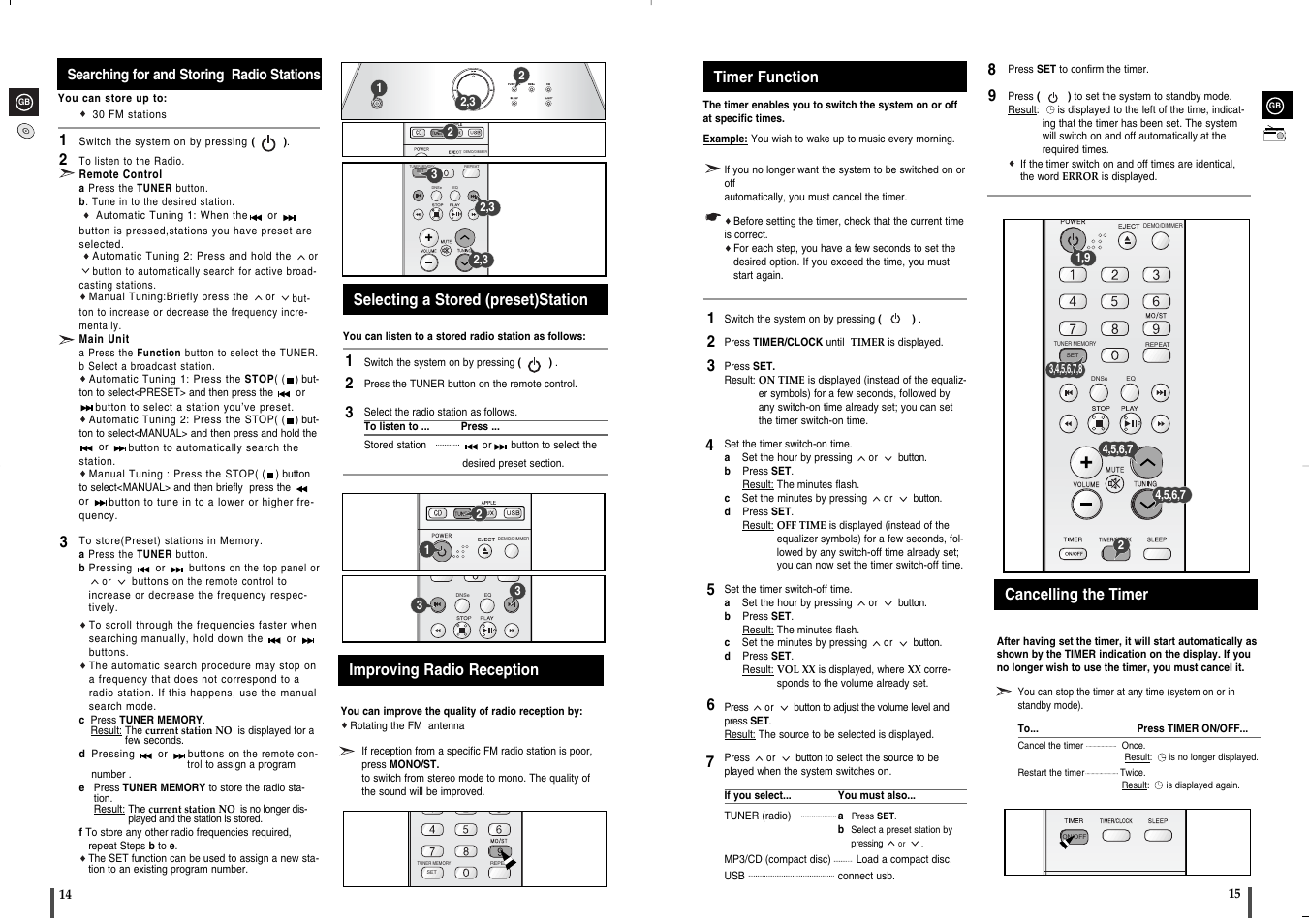 Searching for and storing radio stations, Improving radio reception, Timer function | Cancelling the timer | Samsung MM-X5 User Manual | Page 8 / 13
