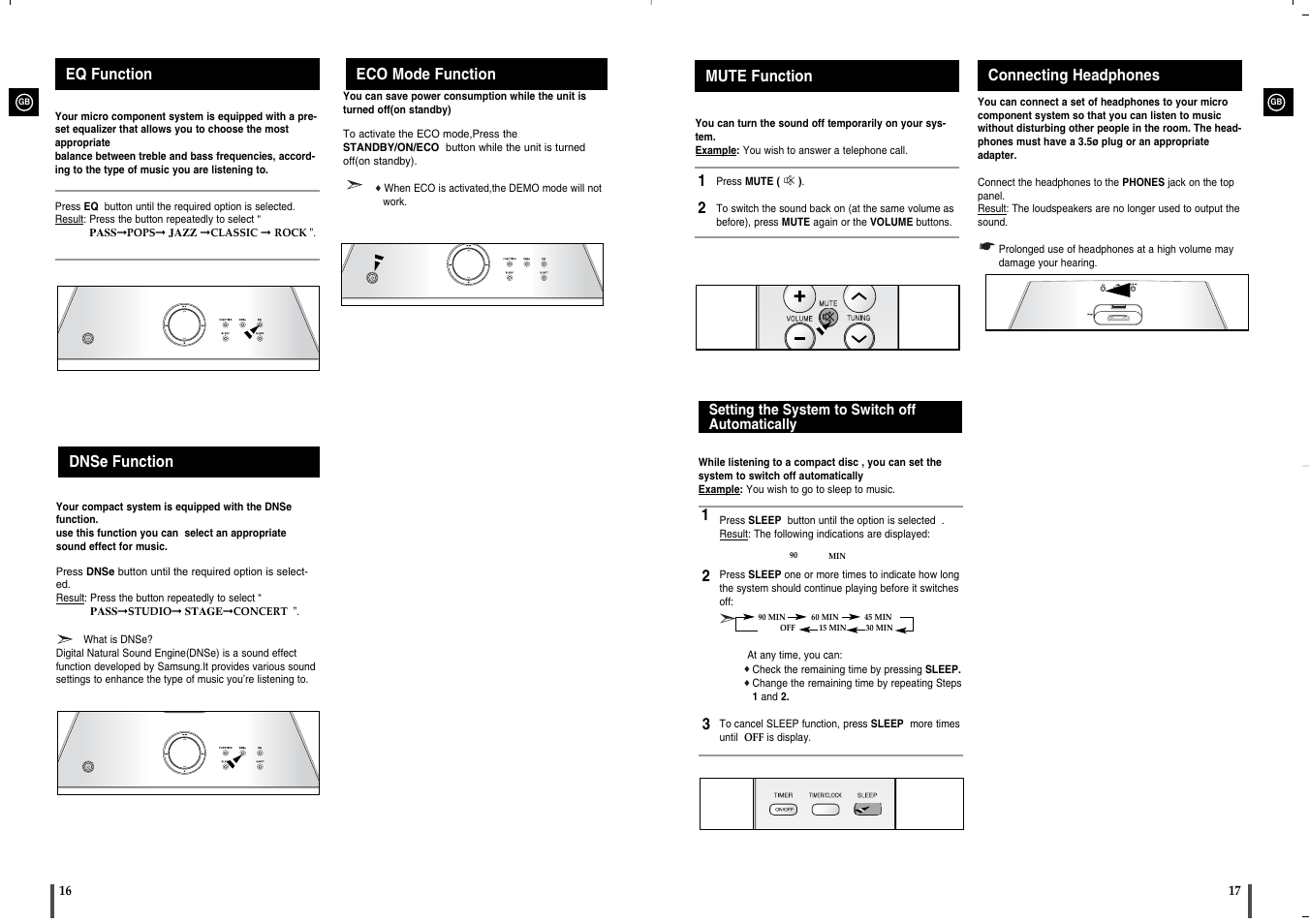 Eq function, Dnse function, Eco mode function | Mute function, Setting the system to switch offautomatically, Connecting headphones | Samsung MM-X5 User Manual | Page 9 / 13
