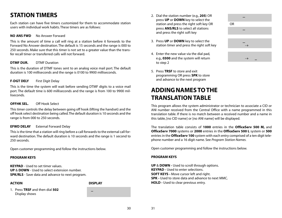 Station timers, Adding names to the translation table | Samsung OFFICESERV 700 User Manual | Page 19 / 22