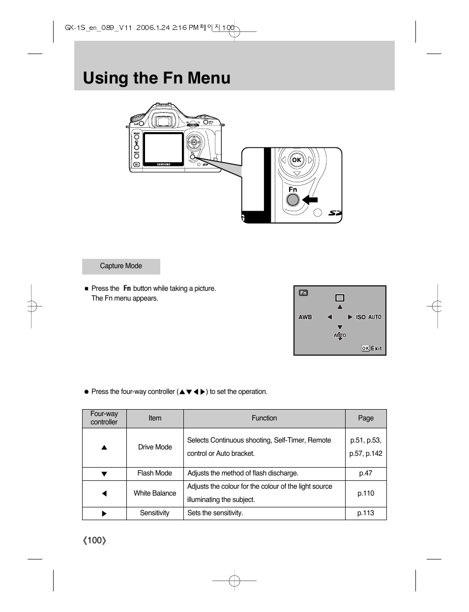 Using the fn menu | Samsung Digimax GX-1S User Manual | Page 101 / 214