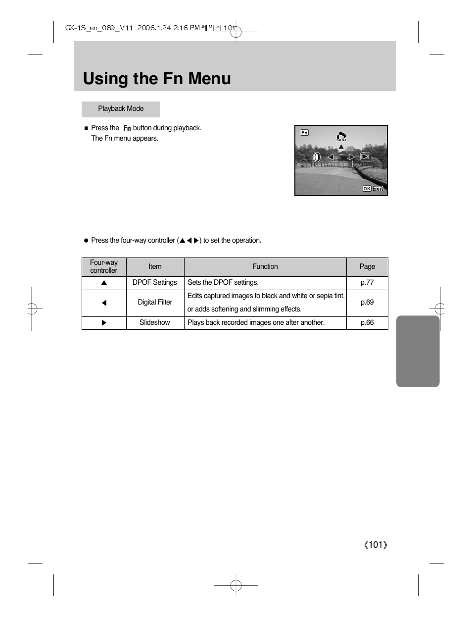 Using the fn menu | Samsung Digimax GX-1S User Manual | Page 102 / 214