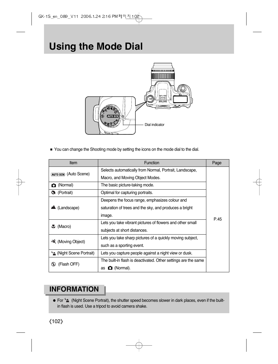 Using the mode dial, Information | Samsung Digimax GX-1S User Manual | Page 103 / 214