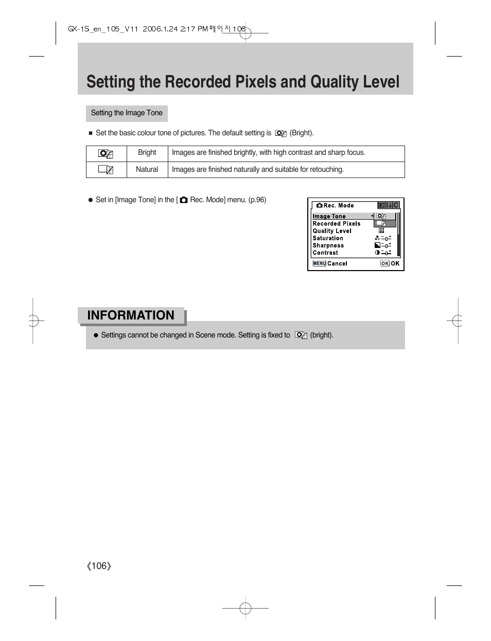 Setting the recorded pixels and quality level, Information | Samsung Digimax GX-1S User Manual | Page 107 / 214