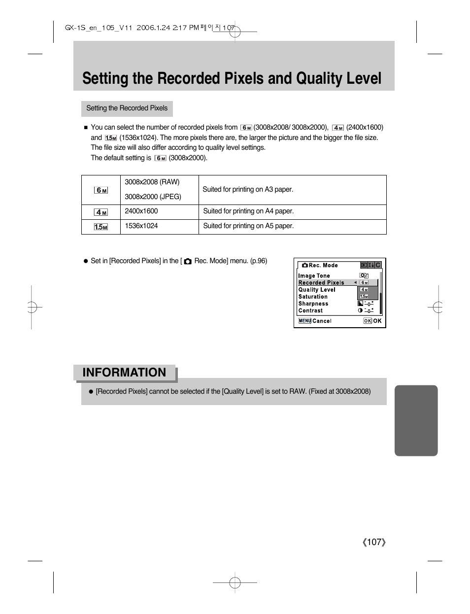 Setting the recorded pixels and quality level, Information | Samsung Digimax GX-1S User Manual | Page 108 / 214