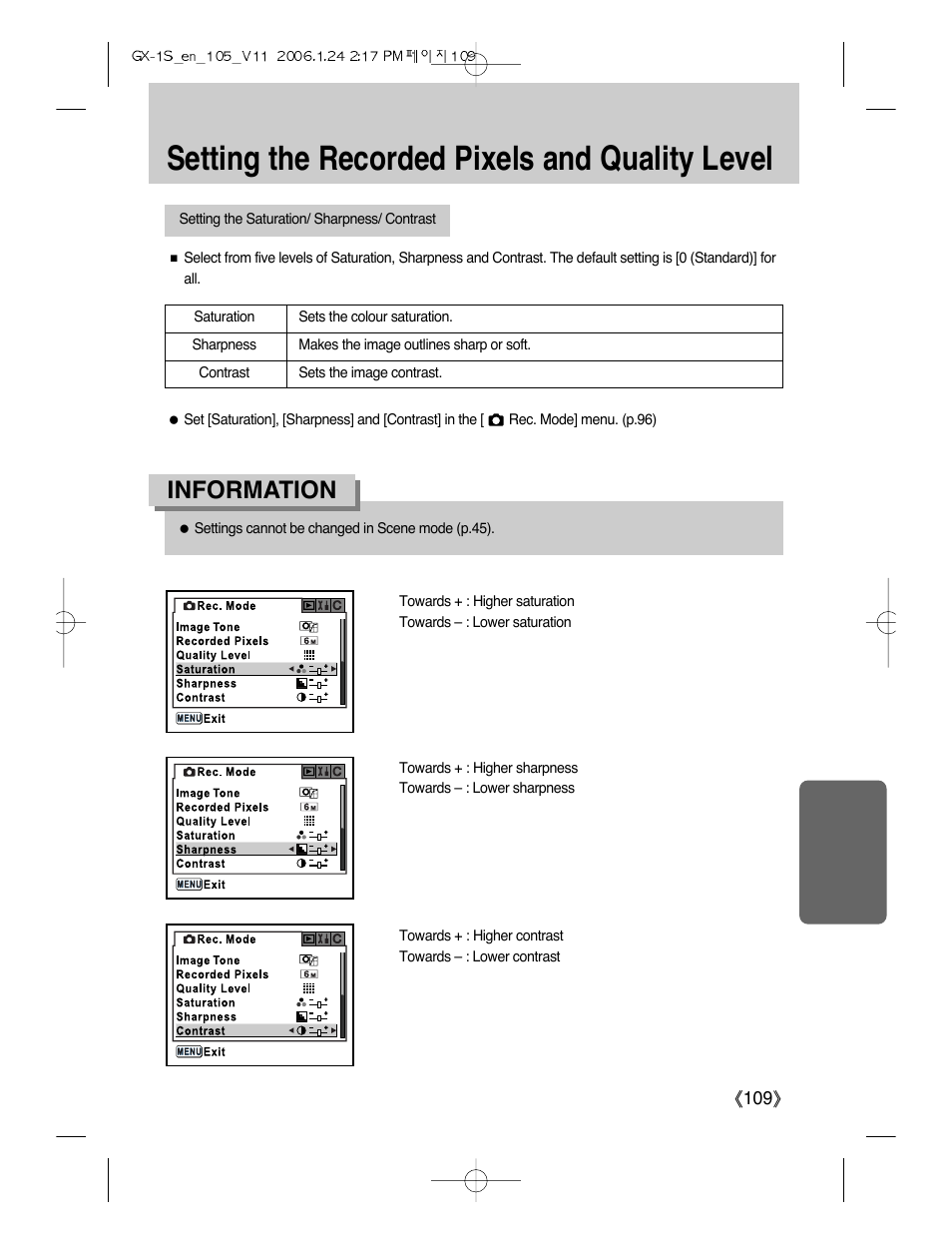Setting the recorded pixels and quality level, Information | Samsung Digimax GX-1S User Manual | Page 110 / 214