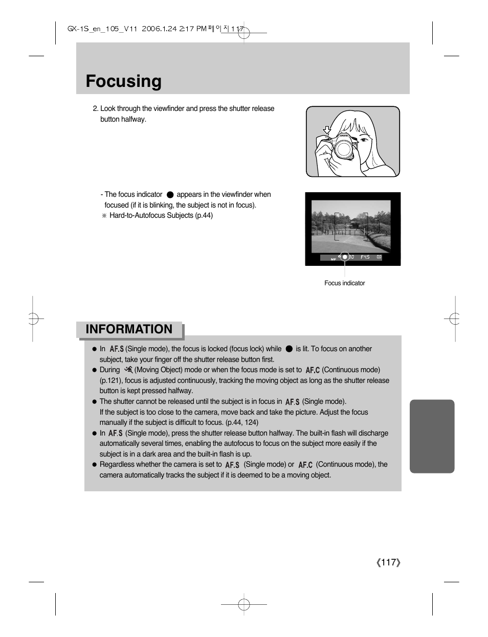 Focusing, Information | Samsung Digimax GX-1S User Manual | Page 118 / 214