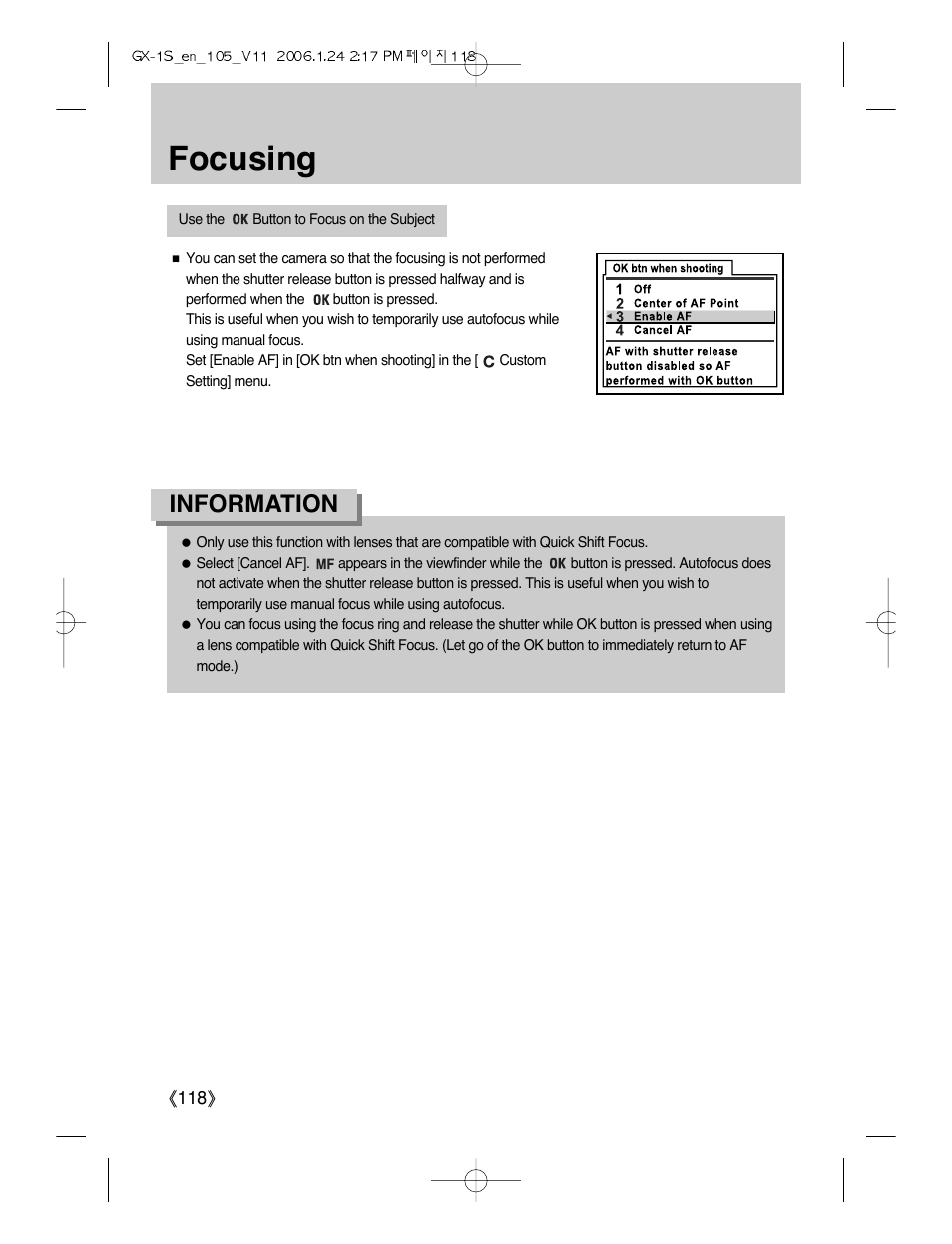 Focusing, Information | Samsung Digimax GX-1S User Manual | Page 119 / 214