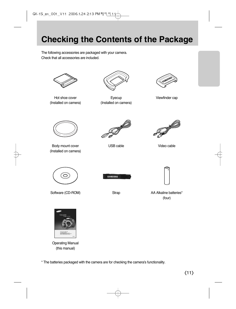 Checking the contents of the package | Samsung Digimax GX-1S User Manual | Page 12 / 214