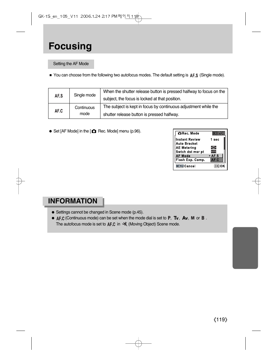 Focusing, Information | Samsung Digimax GX-1S User Manual | Page 120 / 214