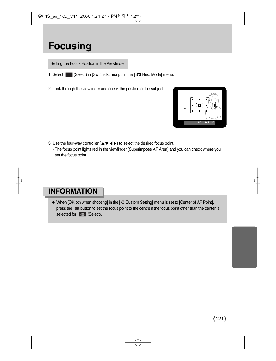 Focusing, Information | Samsung Digimax GX-1S User Manual | Page 122 / 214