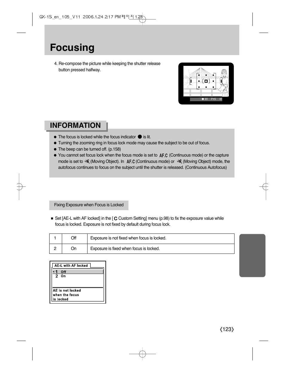 Focusing, Information | Samsung Digimax GX-1S User Manual | Page 124 / 214