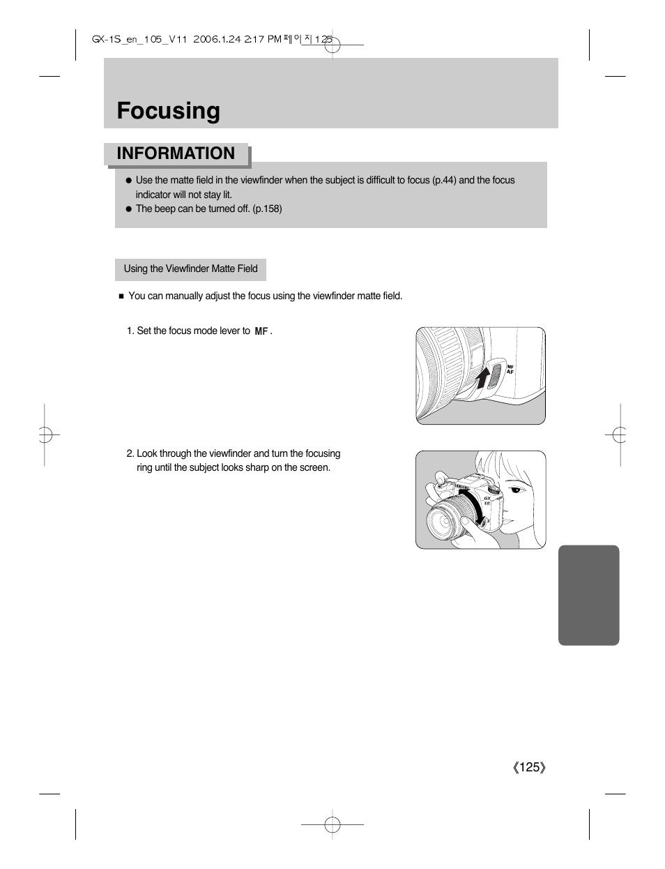 Focusing, Information | Samsung Digimax GX-1S User Manual | Page 126 / 214