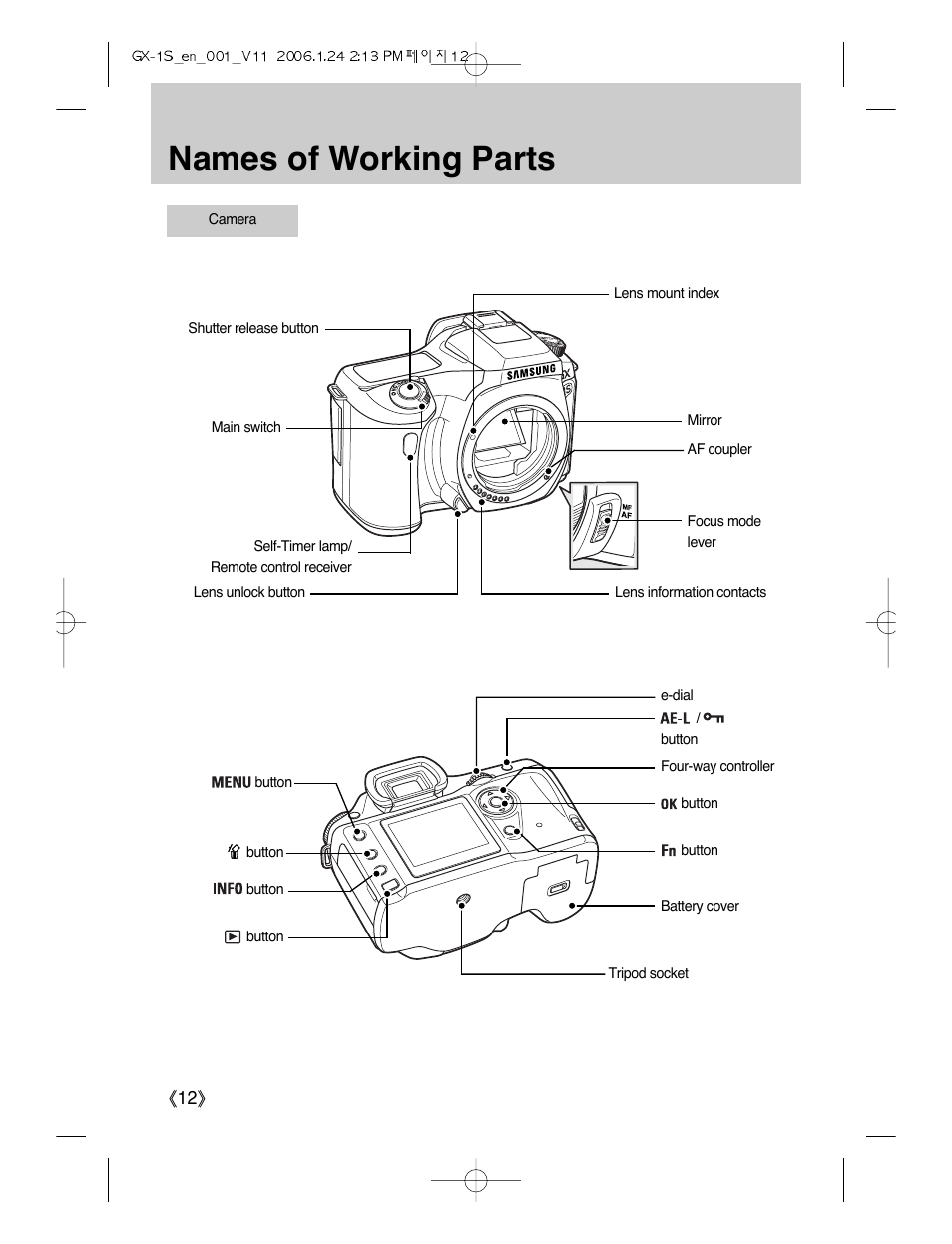 Names of working parts | Samsung Digimax GX-1S User Manual | Page 13 / 214
