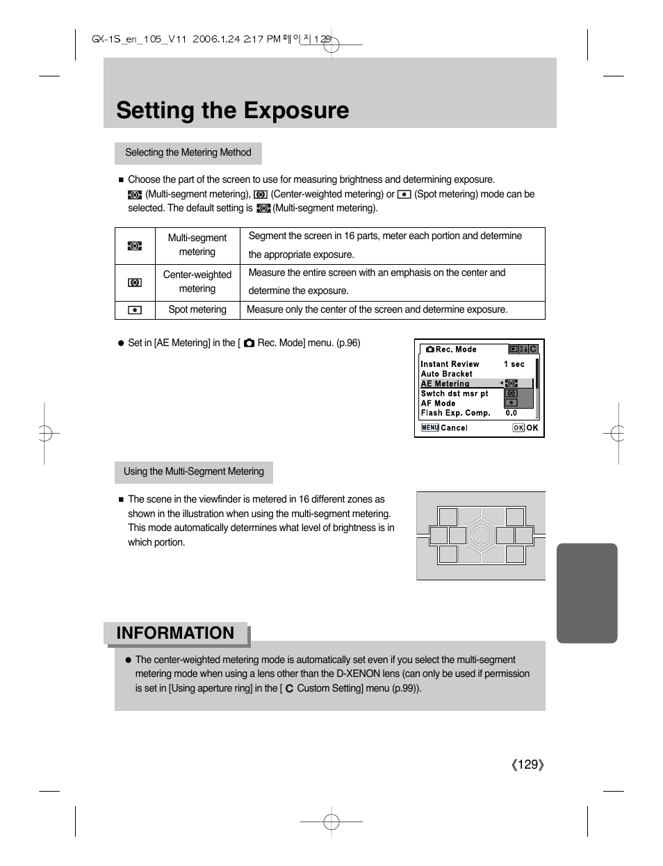 Setting the exposure, Information | Samsung Digimax GX-1S User Manual | Page 130 / 214