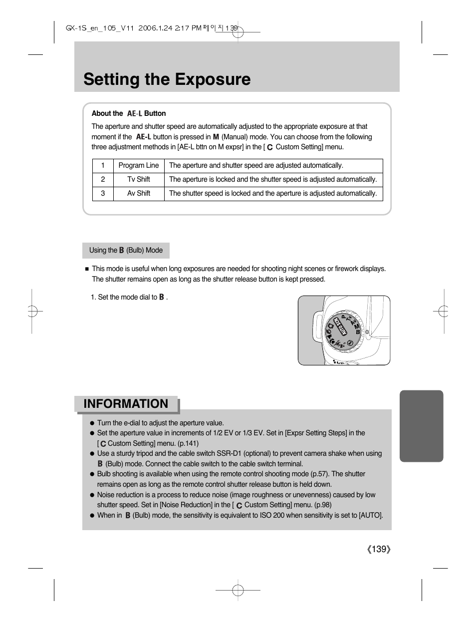 Setting the exposure, Information | Samsung Digimax GX-1S User Manual | Page 140 / 214