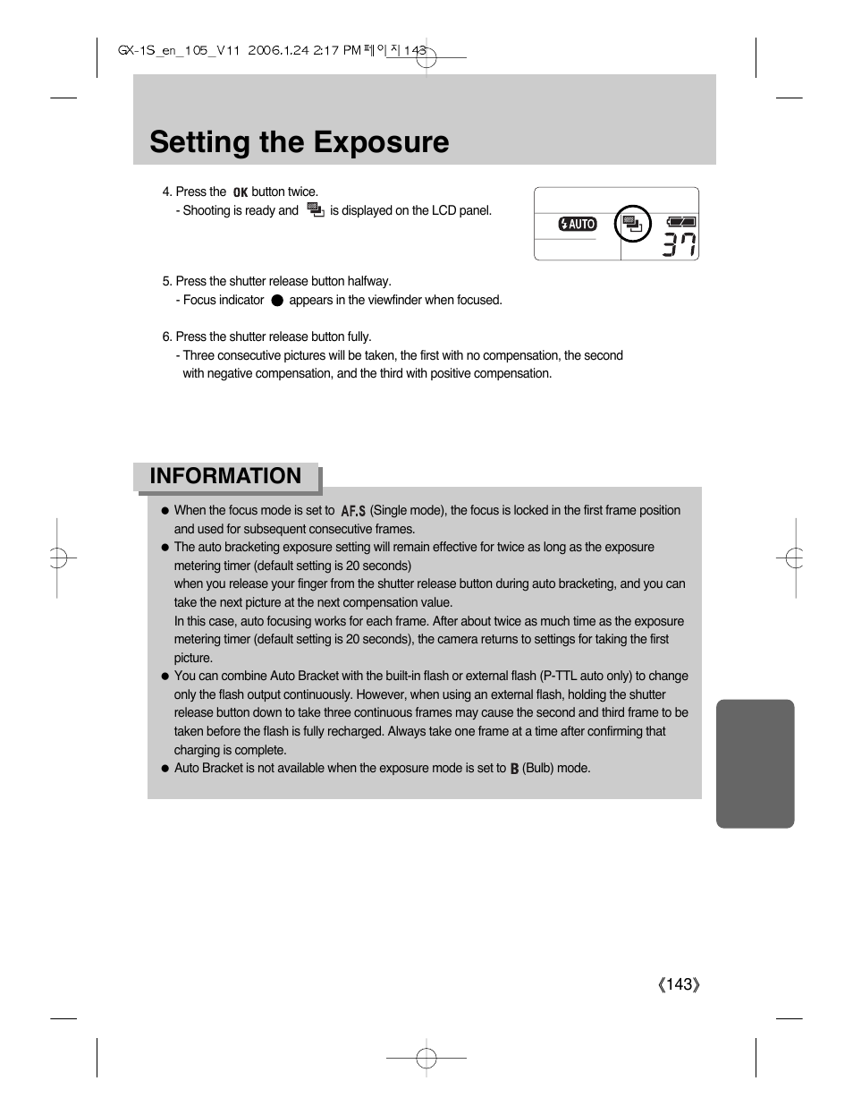 Setting the exposure, Information | Samsung Digimax GX-1S User Manual | Page 144 / 214