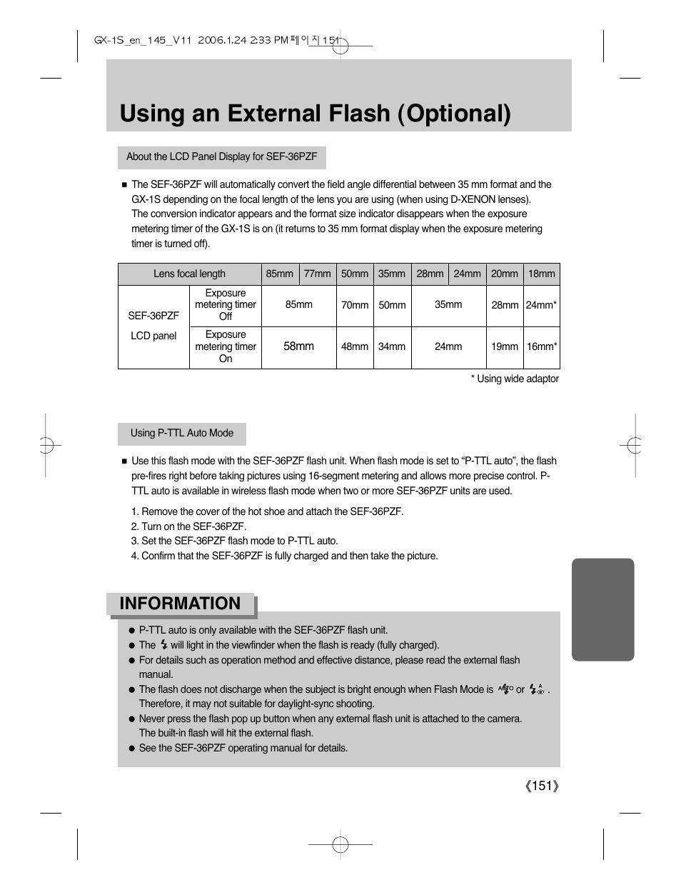 Using an external flash (optional), Information | Samsung Digimax GX-1S User Manual | Page 152 / 214