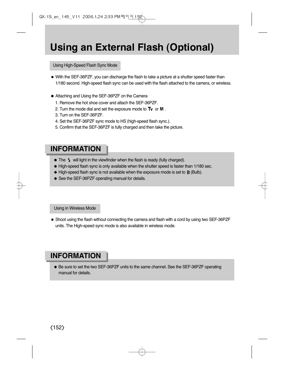 Using an external flash (optional), Information | Samsung Digimax GX-1S User Manual | Page 153 / 214