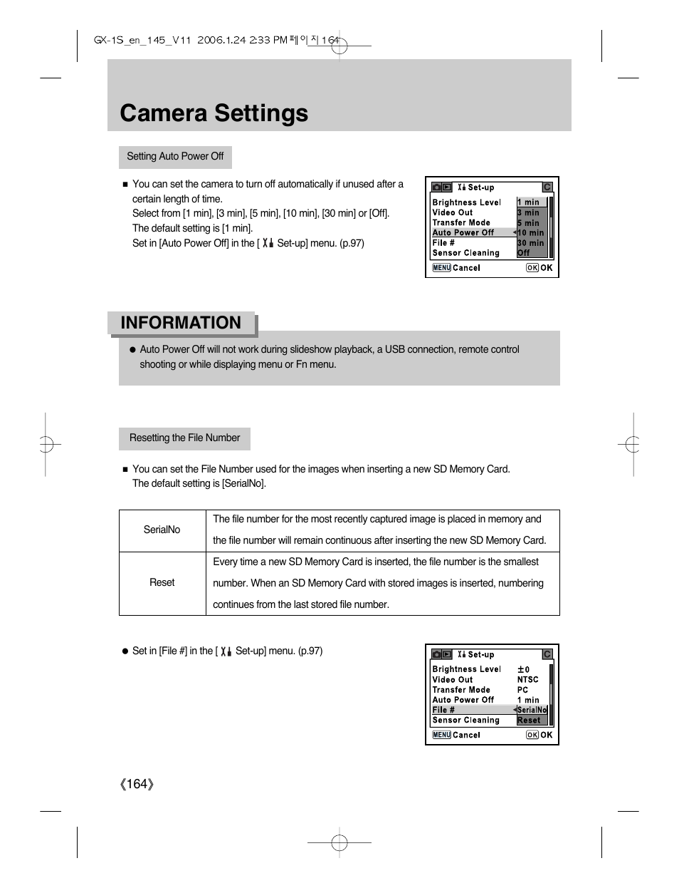 Camera settings, Information | Samsung Digimax GX-1S User Manual | Page 165 / 214