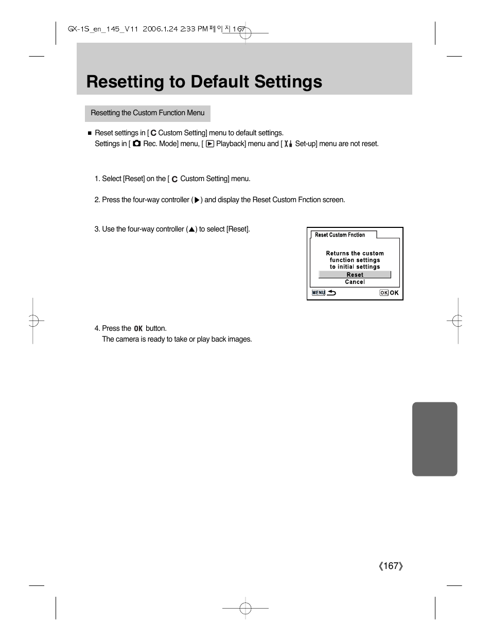 Resetting to default settings | Samsung Digimax GX-1S User Manual | Page 168 / 214