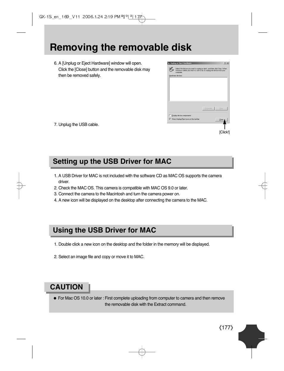 Removing the removable disk, Setting up the usb driver for mac, Using the usb driver for mac | Caution | Samsung Digimax GX-1S User Manual | Page 178 / 214