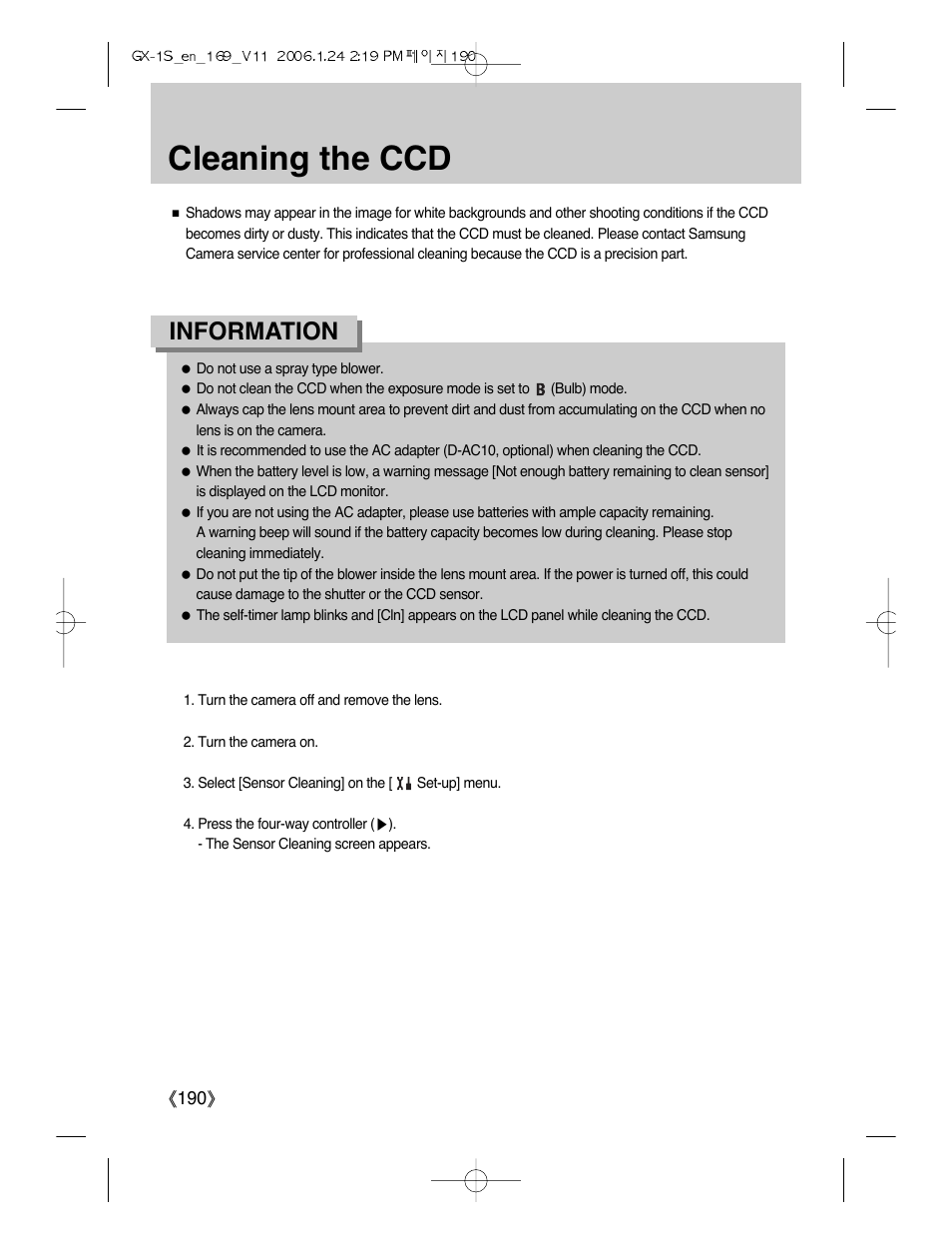 Cleaning the ccd, Information | Samsung Digimax GX-1S User Manual | Page 191 / 214