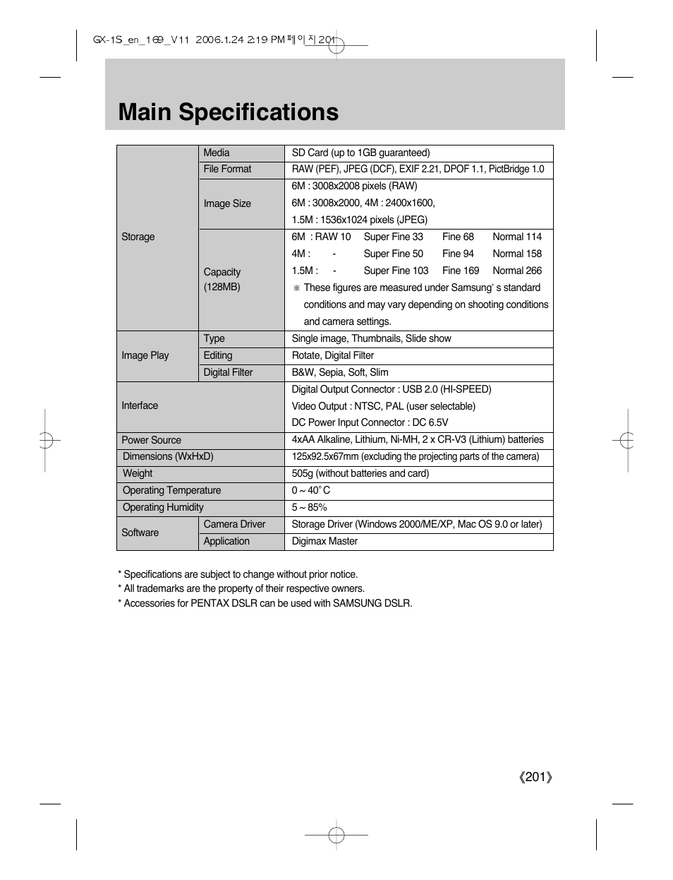 Main specifications, Ŝ201ş | Samsung Digimax GX-1S User Manual | Page 202 / 214