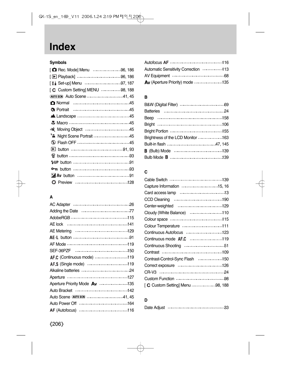 Index, Ŝ206ş | Samsung Digimax GX-1S User Manual | Page 207 / 214